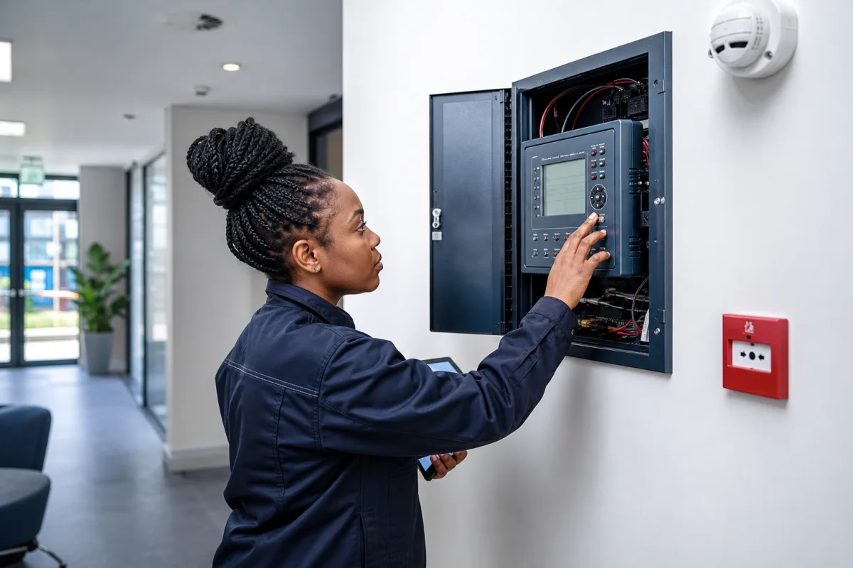 Fire systems engineer commissioning an alarm panel in a commercial building