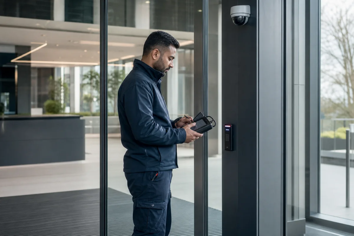 Security systems engineer commissioning access control in a commercial entrance